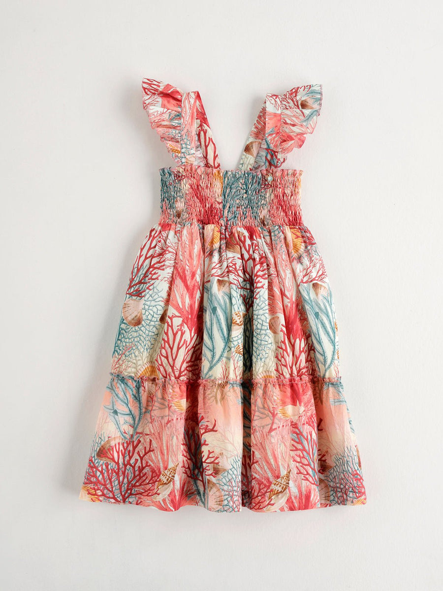 Girl's Coral Printed Sleeveless Dress