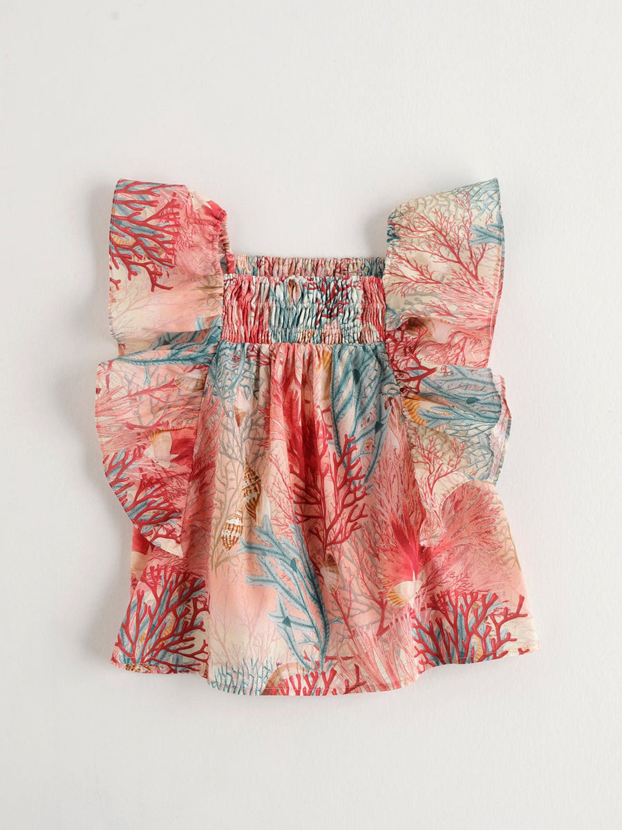Girl's Flowy Ruffled Coral Printed Top