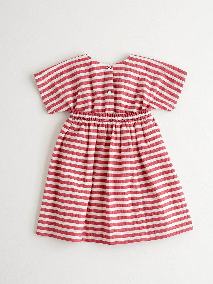 Girl's Red Short Sleeves Striped Dress