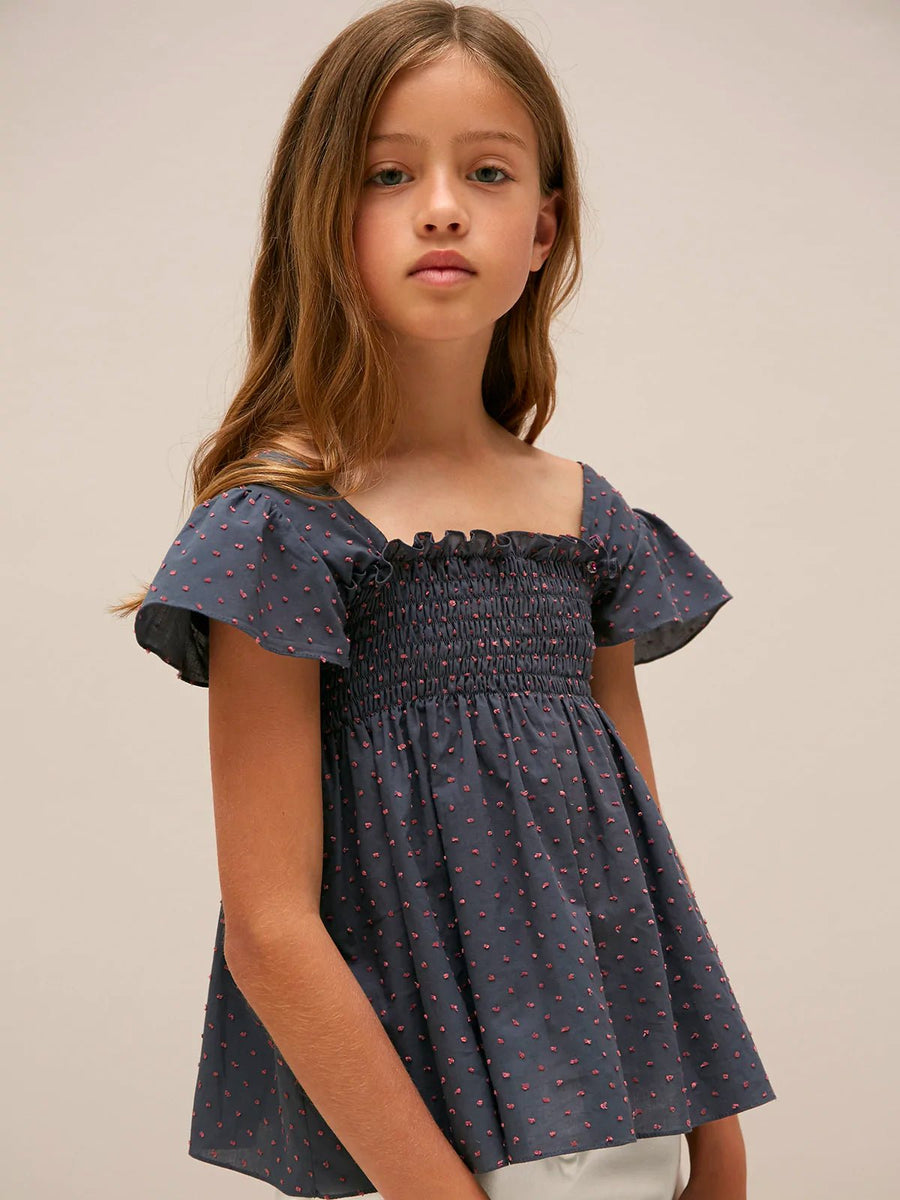 Girl's Spot-embroidered Smocked Blouse