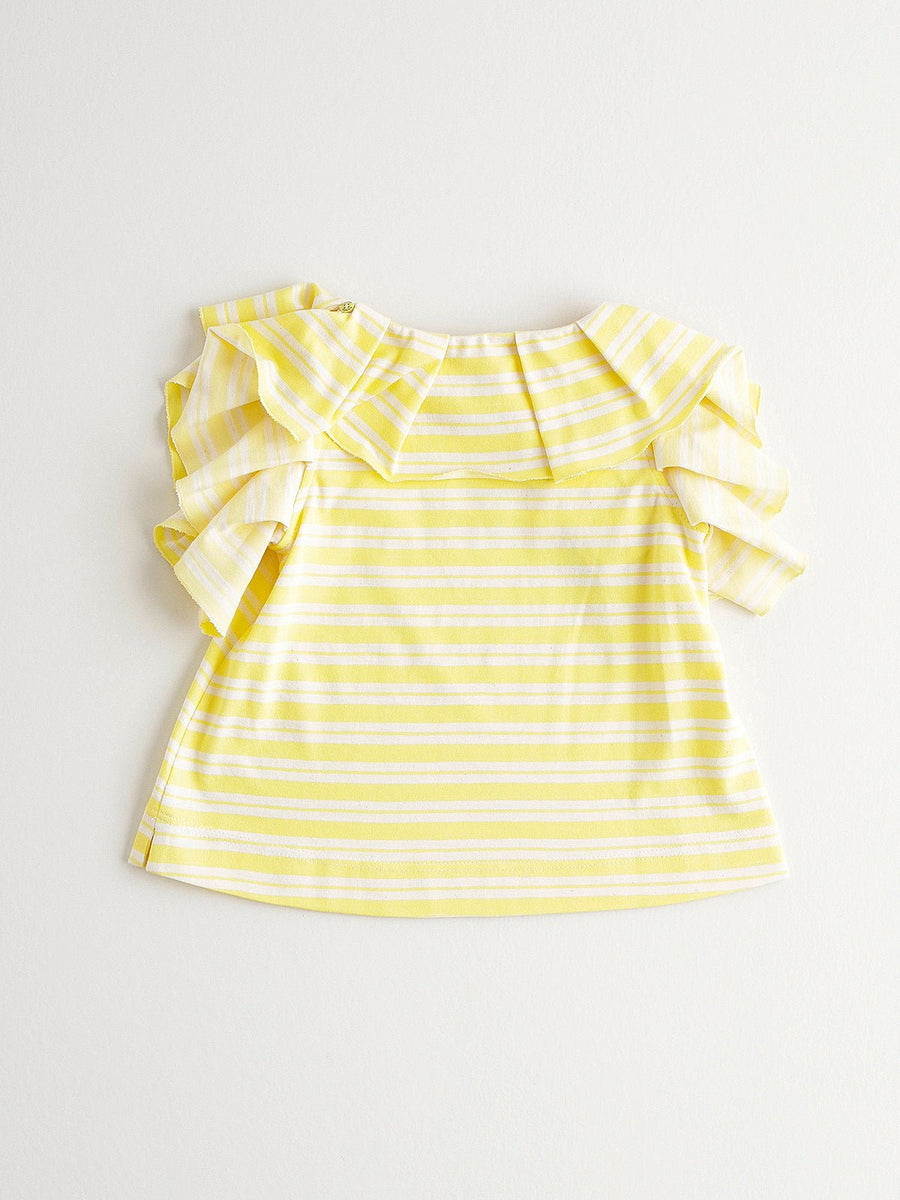 Girl's Yellow Striped Ruffle Sleeves T-Shirt